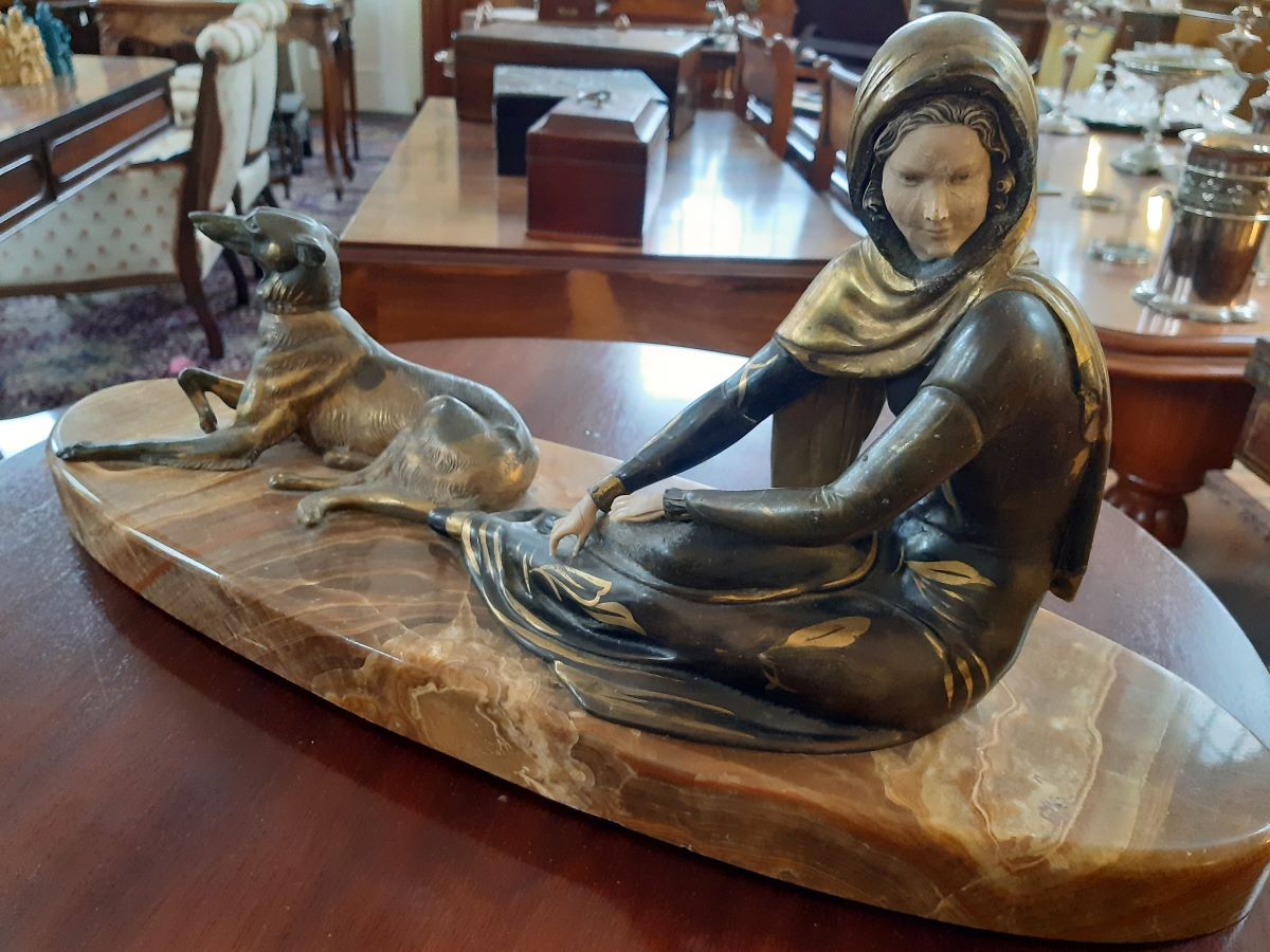 Art Deco Gilded, Patinated Spelter Woman And Borzoi Dog